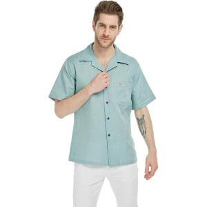 imageMens Hawaiian Luau Embrodiered Flamingo Linen Cotton ShirtSea Grass