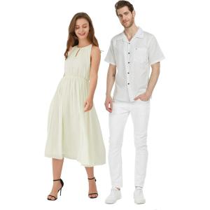 imageHawaiian Beach Wedding Groomsman Bridesmaid Matching Linen Shirt and Chiffon Dress in Ivory CreamKeyhole