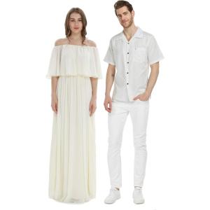 imageHawaiian Beach Wedding Groomsman Bridesmaid Matching Linen Shirt and Chiffon Dress in Ivory CreamOffshoulder