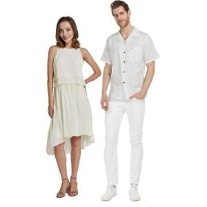 imageHawaiian Beach Wedding Groomsman Bridesmaid Matching Linen Shirt and Chiffon Dress in Ivory CreamRuffle Highlow