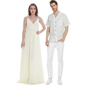 imageHawaiian Beach Wedding Groomsman Bridesmaid Matching Linen Shirt and Chiffon Dress in Ivory CreamV Neck