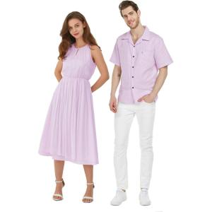 imageHawaiian Beach Wedding Groomsman Bridesmaid Matching Linen Shirt and Chiffon Dress in Lavender PastelKeyhole