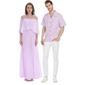 imageHawaiian Beach Wedding Groomsman Bridesmaid Matching Linen Shirt and Chiffon Dress in Lavender PastelOffshoulder