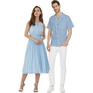 imageHawaiian Beach Wedding Groomsman Bridesmaid Matching Linen Shirt and Chiffon Dress in Periwinkle BlueKeyhole