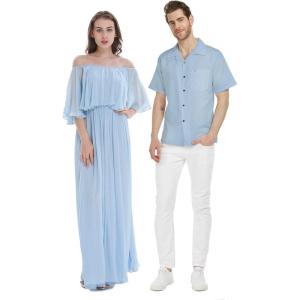 imageHawaiian Beach Wedding Groomsman Bridesmaid Matching Linen Shirt and Chiffon Dress in Periwinkle BlueOffshoulder