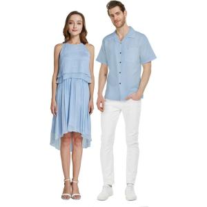 imageHawaiian Beach Wedding Groomsman Bridesmaid Matching Linen Shirt and Chiffon Dress in Periwinkle BlueRuffle Highlow