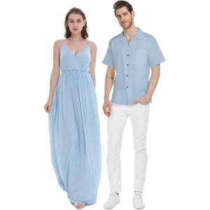 imageHawaiian Beach Wedding Groomsman Bridesmaid Matching Linen Shirt and Chiffon Dress in Periwinkle BlueV Neck