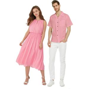 imageHawaiian Beach Wedding Groomsman Bridesmaid Matching Linen Shirt and Chiffon Dress in Pink CoralKeyhole