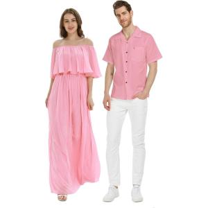 imageHawaiian Beach Wedding Groomsman Bridesmaid Matching Linen Shirt and Chiffon Dress in Pink CoralOffshoulder