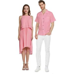 imageHawaiian Beach Wedding Groomsman Bridesmaid Matching Linen Shirt and Chiffon Dress in Pink CoralRuffle Highlow