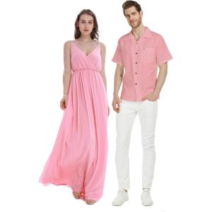 imageHawaiian Beach Wedding Groomsman Bridesmaid Matching Linen Shirt and Chiffon Dress in Pink CoralV Neck