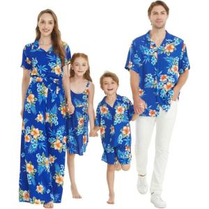 imageMatchable Family Hawaiian Luau Men Women Girl Boy Clothes in Hibiscus BlueMen Short Sleeve