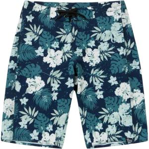 imageMens Spandex Hawaiian Beach Board Shorts with Zipped Pocket in Flamingo PartyFaded Floral in Blue