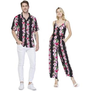 imageCouple Matching Hawaiian Luau Shirt Jumpsuit in Pink Black Hibiscus VinePink Black Hibiscus Vine