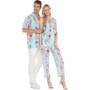 imageCouple Matching Hawaiian Luau Shirt Jumpsuit in Pink Black Hibiscus VinePink Turquoise Hibiscus Vine