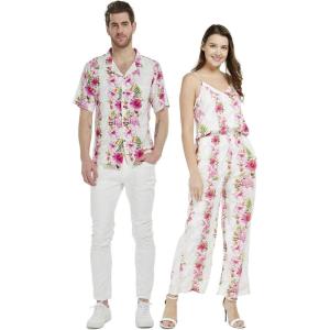 imageCouple Matching Hawaiian Luau Shirt Jumpsuit in Pink Black Hibiscus VinePink White Hibiscus Vine