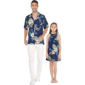 imageMatching Father Daughter Hawaiian Luau Cruise Outfit Shirt Dress Pink Hibiscus VinePineapple Garden Navy