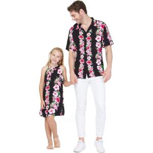 imageMatching Father Daughter Hawaiian Luau Cruise Outfit Shirt Dress Pink Hibiscus VinePink Black Hibiscus Vine