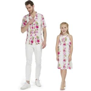 imageMatching Father Daughter Hawaiian Luau Cruise Outfit Shirt Dress Pink Hibiscus VinePink Hibiscus Vine