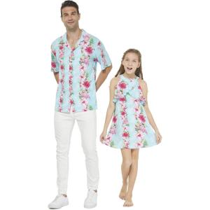 imageMatching Father Daughter Hawaiian Luau Cruise Outfit Shirt Dress Pink Hibiscus VinePink Turquoise Hibiscus Vine