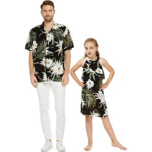 imageMatching Father Daughter Hawaiian Luau Cruise Outfit Shirt Dress Pink Hibiscus VineWispy Cereus Black