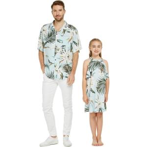 imageMatching Father Daughter Hawaiian Luau Cruise Outfit Shirt Dress Pink Hibiscus VineWispy Cereus Light Blue