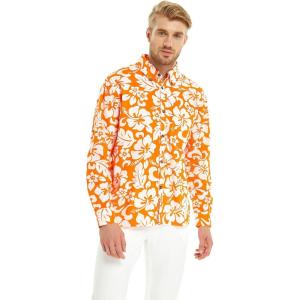 imageHawaii Hangover Mens Hawaiian Long Sleeve Shirt Aloha Shirt Flamingo in Love WhiteVintage Classic Hibiscus  Orange