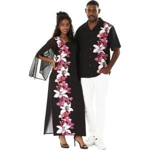 imageMatchable Couple Hawaiian Luau Men Shirt or Women Maxi Tank Dress with Sleeve in Watercolor Orchid Black PinkMen Watercolor Orchid Black Pink