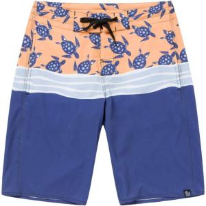 imageMens Spandex Hawaiian Beach Board Shorts with Zipped Pocket in Classic Hibiscus PrintHonu Turtles in Orange and Navy