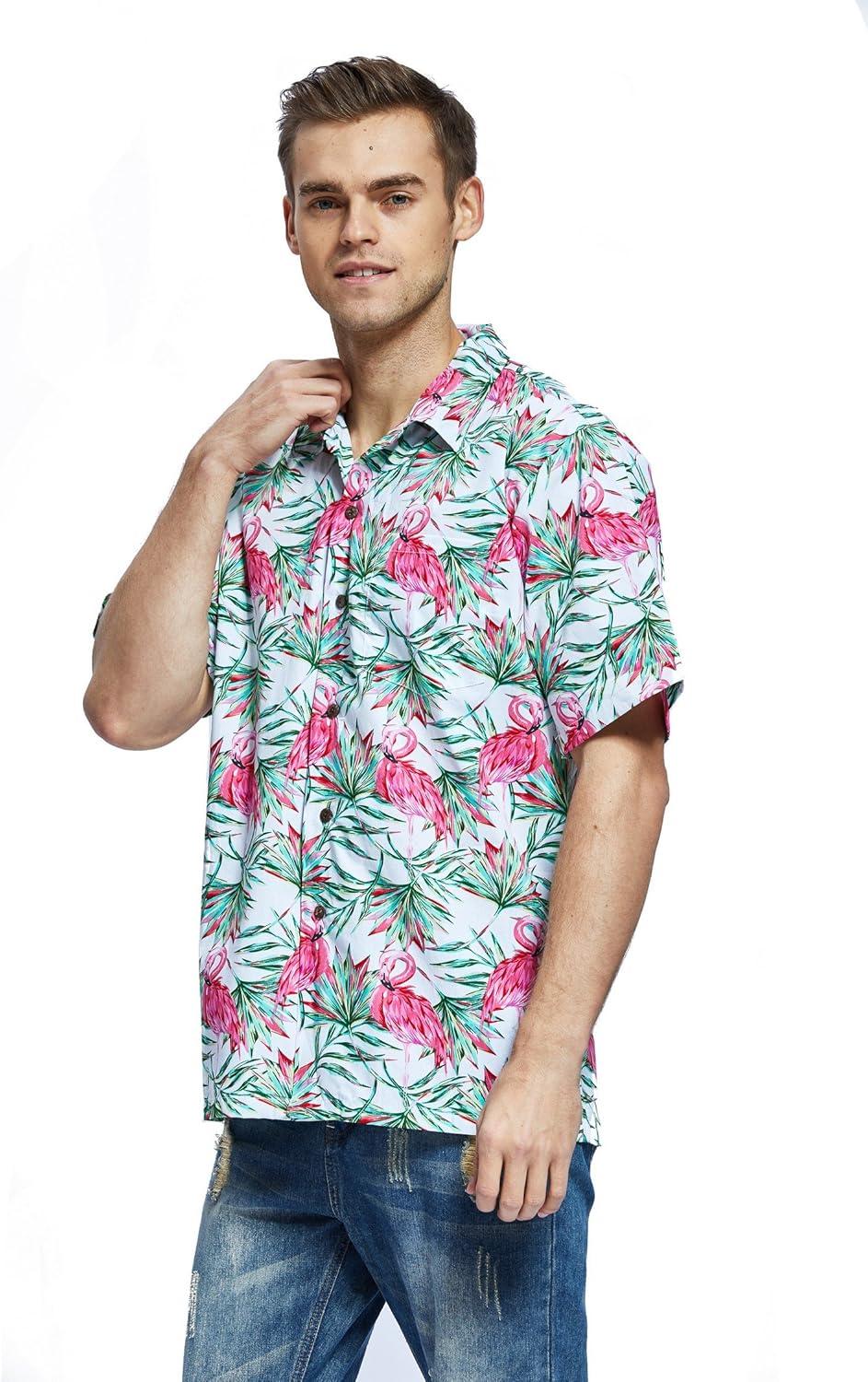 imageHawaii Hangover Mens Hawaiian Shirt Aloha Shirt Floral Edge in Assorted ColorsFlamingo in Love White