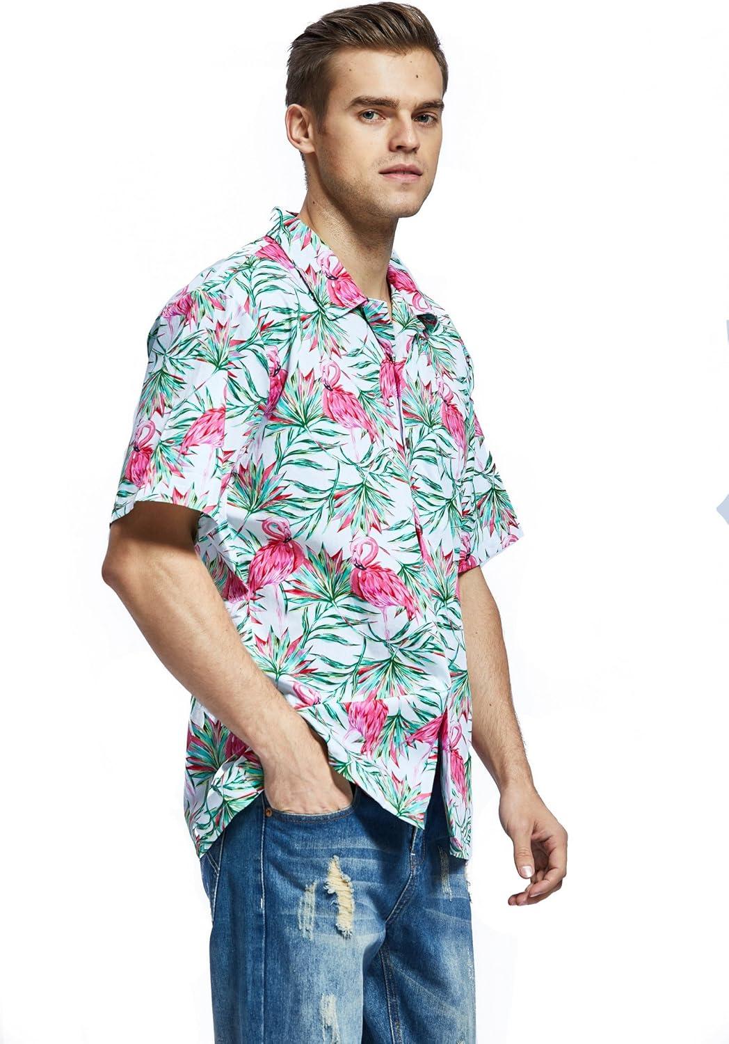 imageHawaii Hangover Mens Hawaiian Shirt Aloha Shirt Floral Edge in Assorted ColorsFlamingo in Love White