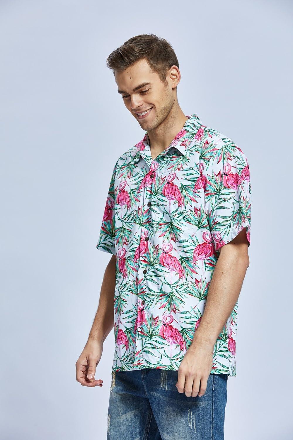 imageHawaii Hangover Mens Hawaiian Shirt Aloha Shirt Floral Edge in Assorted ColorsFlamingo in Love White