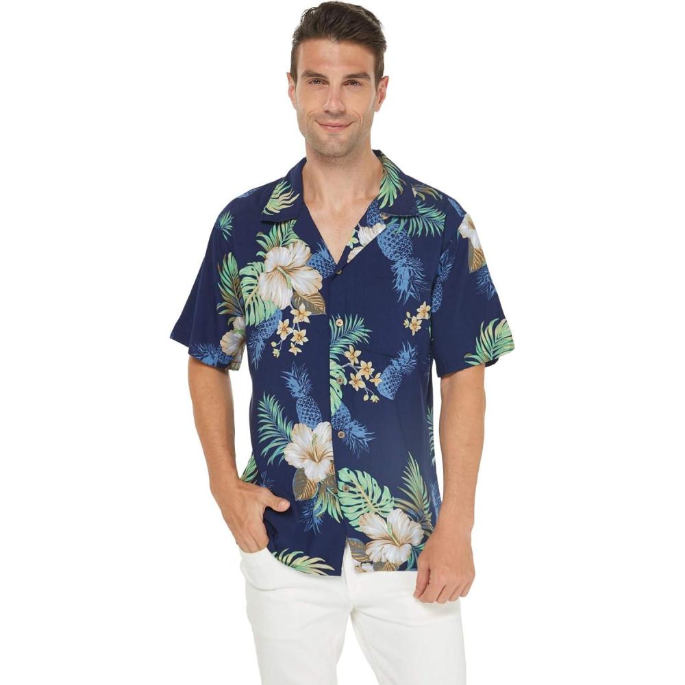 imageHawaii Hangover Mens Hawaiian Shirt Aloha Shirt Floral Edge in Assorted ColorsPineapple Garden Navy