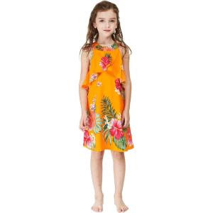 imageGirl Hawaiian Round Neck with Ruffle Dress in Day Dream BloomPretty Tropical Orange