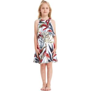 imageGirl Hawaiian Round Neck with Ruffle Dress in Pink Hibiscus VineGarden at Dawn