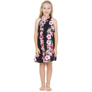 imageGirl Hawaiian Round Neck with Ruffle Dress in Pink Hibiscus VinePink Black Hibiscus Vine