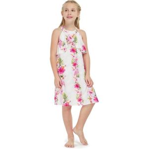 imageGirl Hawaiian Round Neck with Ruffle Dress in Pink Hibiscus VinePink Hibiscus Vine