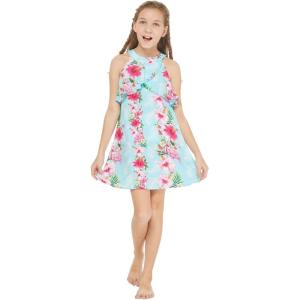 imageGirl Hawaiian Round Neck with Ruffle Dress in Pink Hibiscus VinePink Turquoise Hibiscus Vine