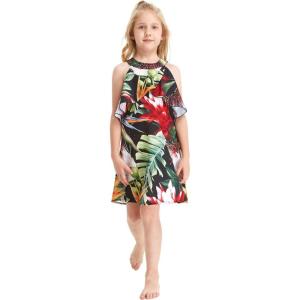 imageGirl Hawaiian Round Neck with Ruffle Dress in Pink Hibiscus VineTropical Twilight