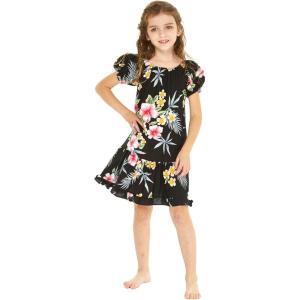 imageGirl Hawaiian Short Sleeve Simple Muumuu Ruffle Dress in Hibiscus BlueHibiscus Black
