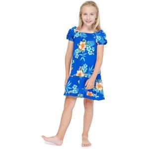 imageGirl Hawaiian Short Sleeve Simple Muumuu Ruffle Dress in Hibiscus BlueHibiscus Blue