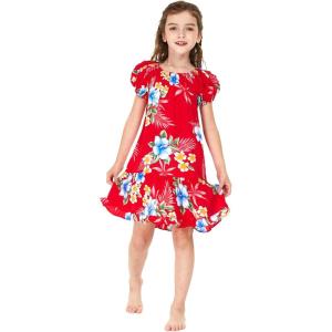imageGirl Hawaiian Short Sleeve Simple Muumuu Ruffle Dress in Hibiscus BlueHibiscus Red