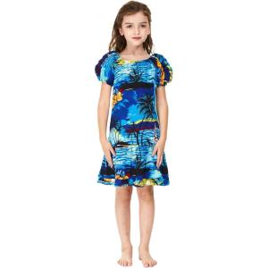 imageGirl Hawaiian Short Sleeve Simple Muumuu Ruffle Dress in Neon SunsetBlue Sunset