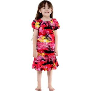 imageGirl Hawaiian Short Sleeve Simple Muumuu Ruffle Dress in Neon SunsetRed Sunset