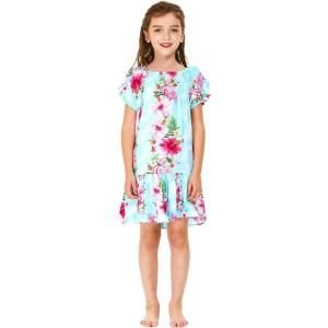 imageGirl Hawaiian Short Sleeve Simple Muumuu Ruffle Dress in Pink Hibiscus Vine BlackPink Hibiscus Vine Turquoise