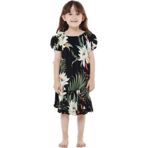 imageGirl Hawaiian Short Sleeve Simple Muumuu Ruffle Dress in Wispy CereusWispy Cereus Black