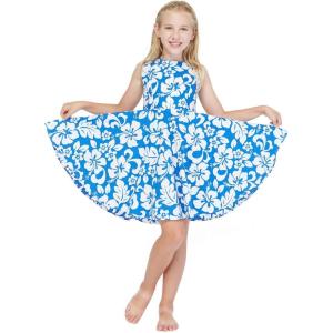 imageGirl Hawaiian Vintage Fit and Flare Dress in Flamingo in LoveClassic Vintage Hibiscus in Blue