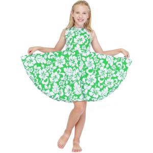 imageGirl Hawaiian Vintage Fit and Flare Dress in Flamingo in LoveClassic Vintage Hibiscus in Green