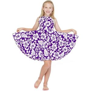 imageGirl Hawaiian Vintage Fit and Flare Dress in Flamingo in LoveClassic Vintage Hibiscus in Purple