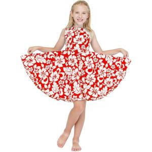 imageGirl Hawaiian Vintage Fit and Flare Dress in Flamingo in LoveClassic Vintage Hibiscus in Red